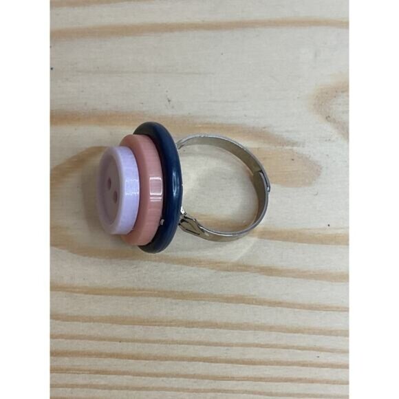 Vintage Button Adjustable Silver-Tone Ring Handmade Upcycled Jewelry - Picture 3 of 4